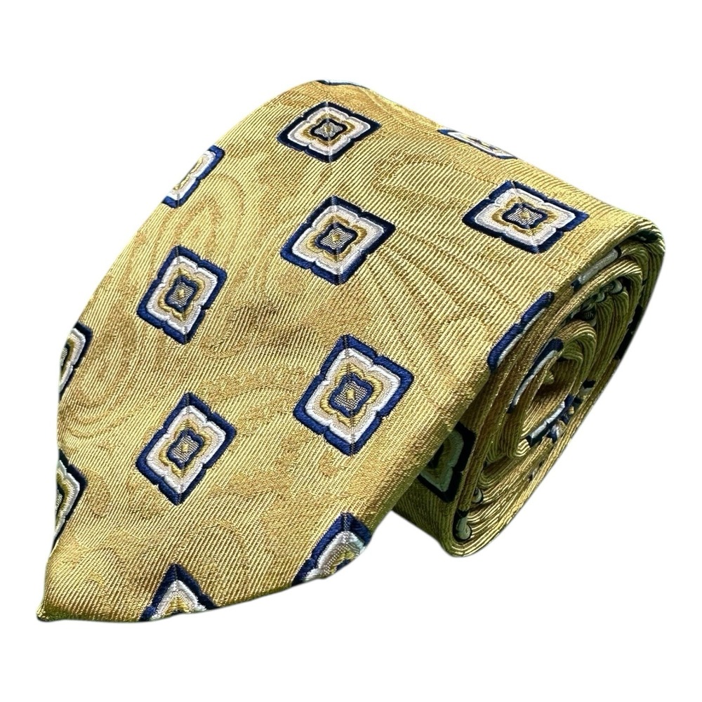 Brooks Brothers Mens Golden Yellow Blue Geometric Silk Tie 3.25 L/XL NWT